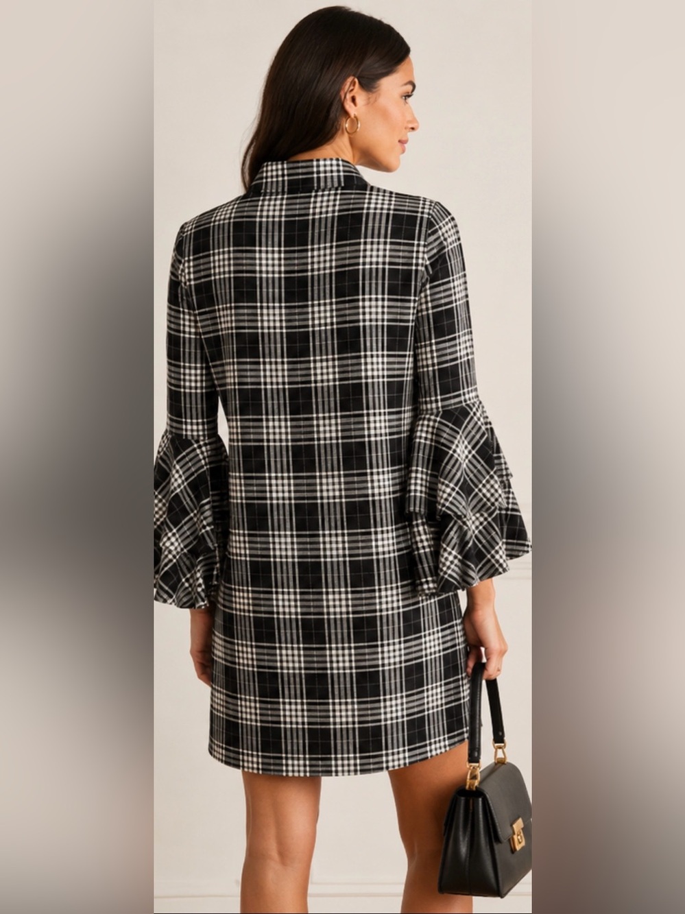 Alice + Olivia Jem Plaid Ruffle Bell Sleeve Shirt Dress Black White Size M - Picture 3 of 13